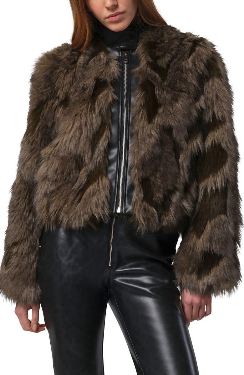 Apparis Lillet Faux Fur Patchwork Bomber Jacket, Main, color, Cedar Multi