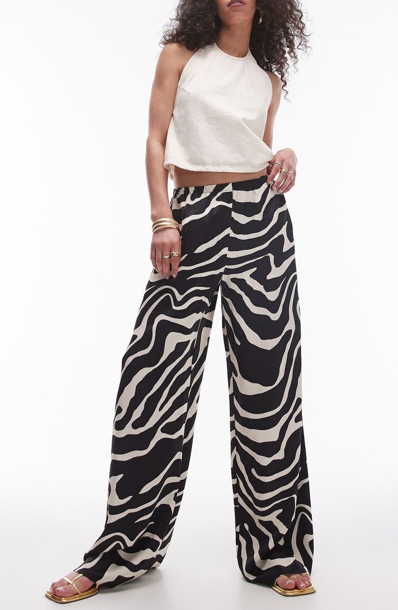 Topshop Zebra Print Satin Wide Leg Pants, Main, color,