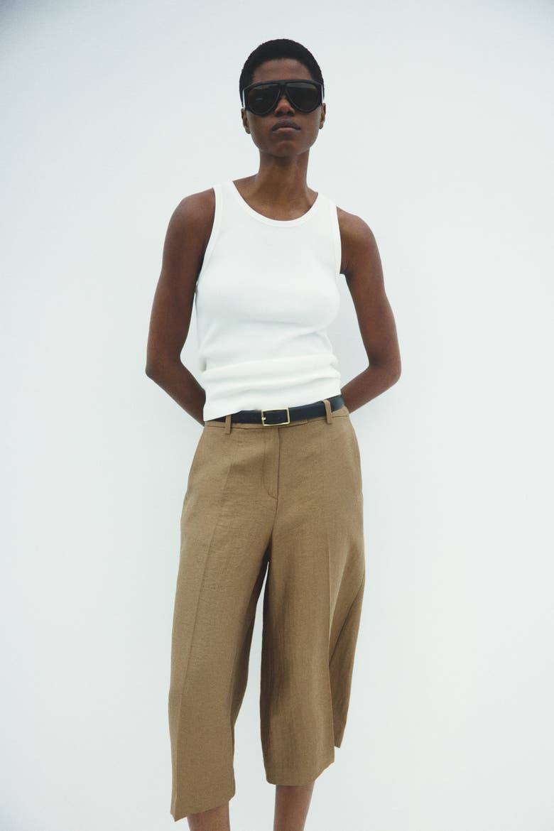 Tailored Linen-blend Culottes, Alternate, color, Dark beige