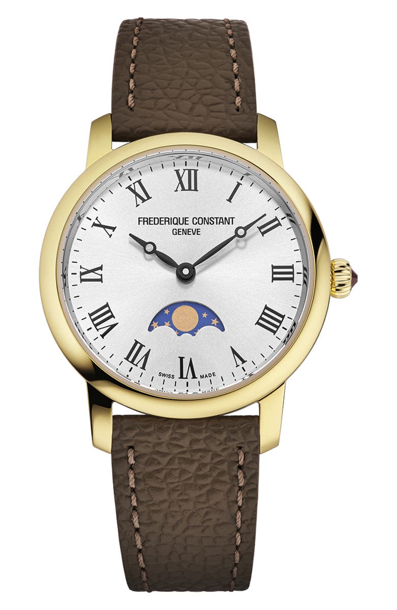 FREDERIQUE CONSTANT Classic Slimline Moonphase Leather Strap Watch, 30mm, Main, color, Brown