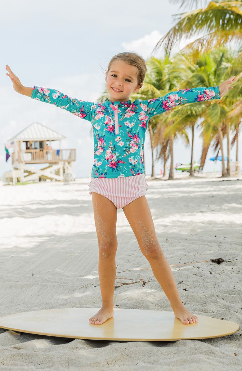 RuffleButts Kids' Fancy Me Floral Long Sleeve Two-Piece Rashguard Swimsuit, Alternate, color, Blue