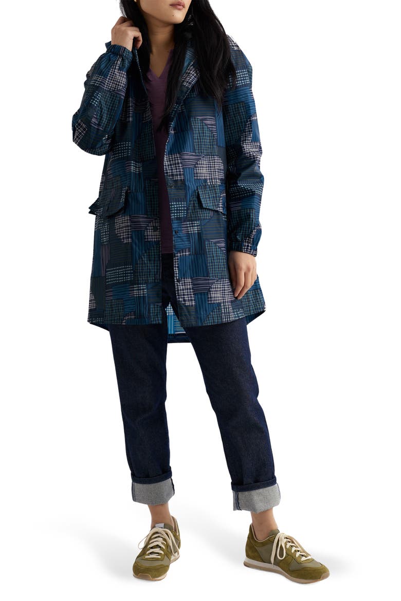 Packable Waterproof Hooded Raincoat, Main, color, INKED PATCHWORK MARITIME