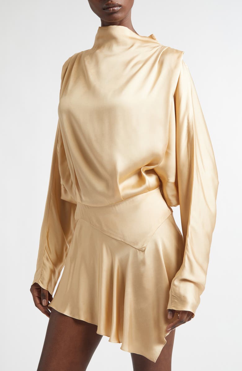Isabel Marant Neline Long Sleeve Asymmetric Satin Minidress, Alternate, color, Beige