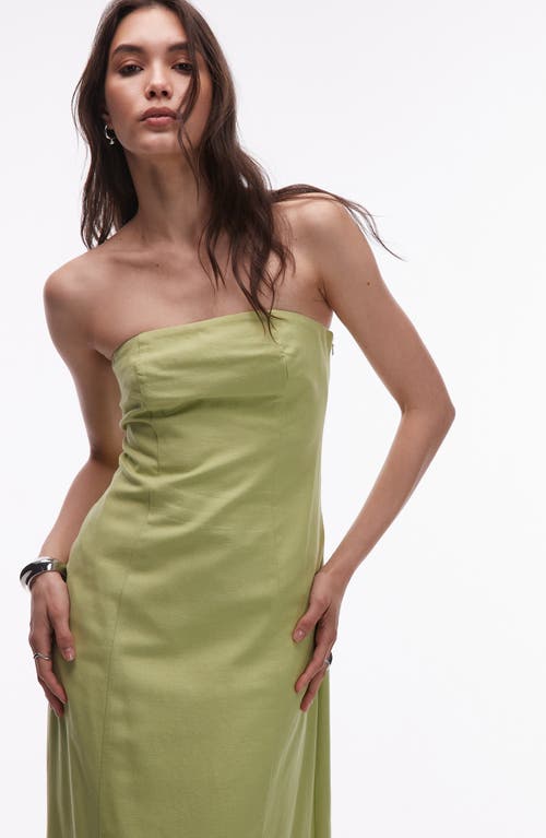 Topshop Linen Heavy Seamed Bandeau Midi Dress In Green
