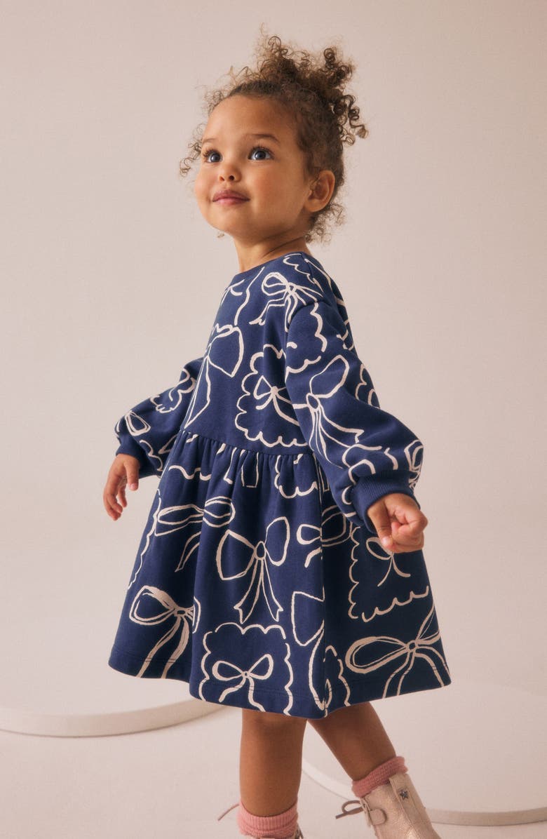 NEXT Kids' Bow Cotton Blend Sweatshirt Dress, Alternate, color, Blue