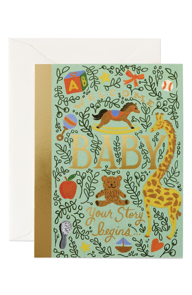 Rifle Paper Co. Storybook Newborn Greeting Card, Main, color, Green Multi