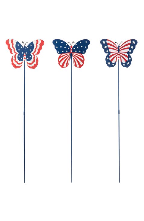 Set of 3 Patriotic Americana Metal Butterflies Yard Stake