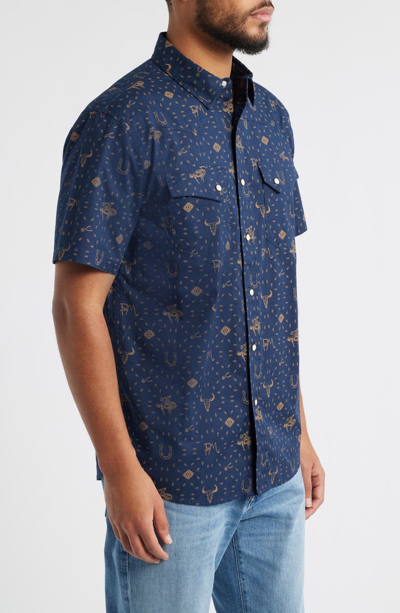 Pendleton Laramie Horseshoe Print Short Sleeve Snap-Up Western Shirt, Alternate, color, Western Navy