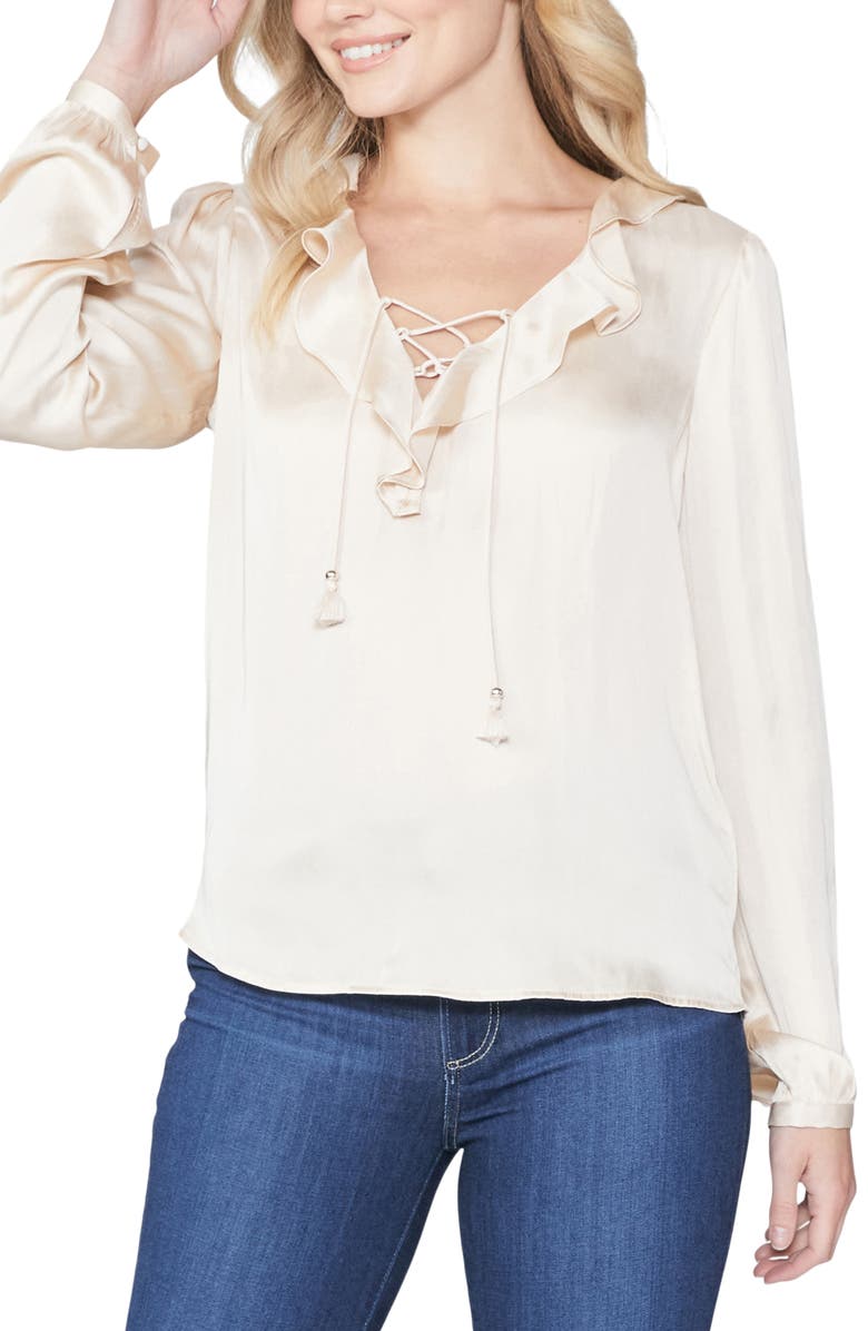 PAIGE Ilara Ruffle Satin Blouse, Main, color, Ecru