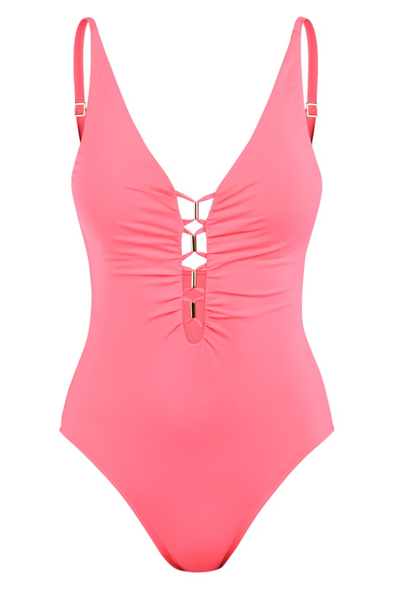 Island Goddess Beaded Lace-Up Plunge One-Piece Swimsuit, Alternate, color, CORAL REEF