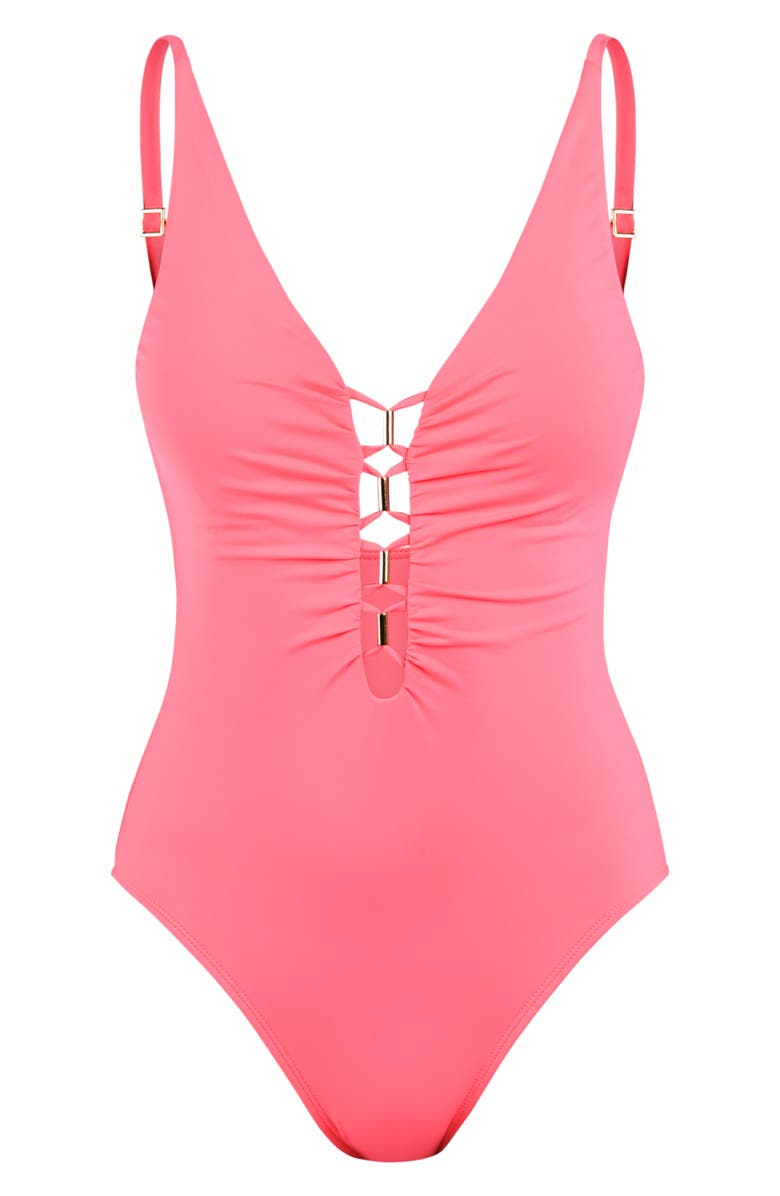 La Blanca Island Goddess Beaded Lace-Up Plunge One-Piece Swimsuit, Alternate, color, Coral Reef