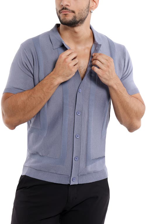 Spring + Mercer Textured Short Sleeve Button-up Sweater In Slate Blue