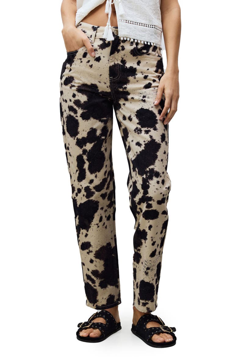 Cow Print Straight Leg Jeans, Main, color, BROWN