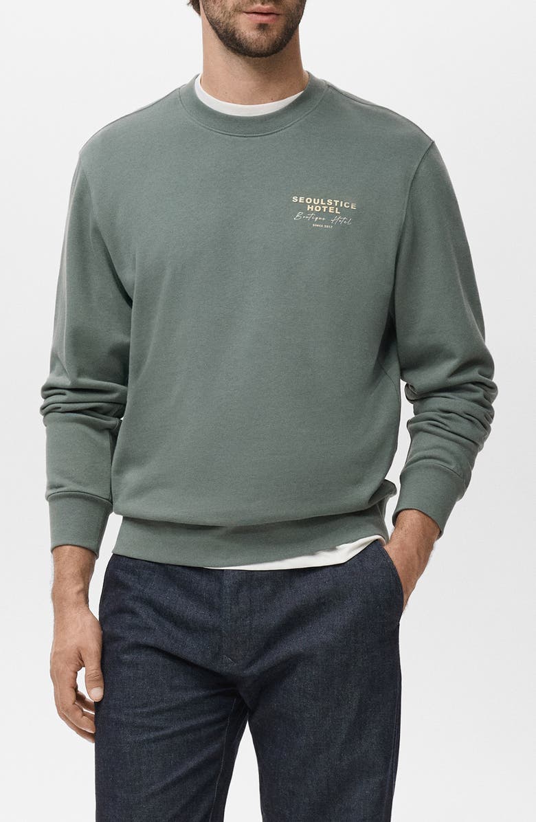 MANGO Seoulstice Hotel Graphic Sweatshirt, Main, color, Green