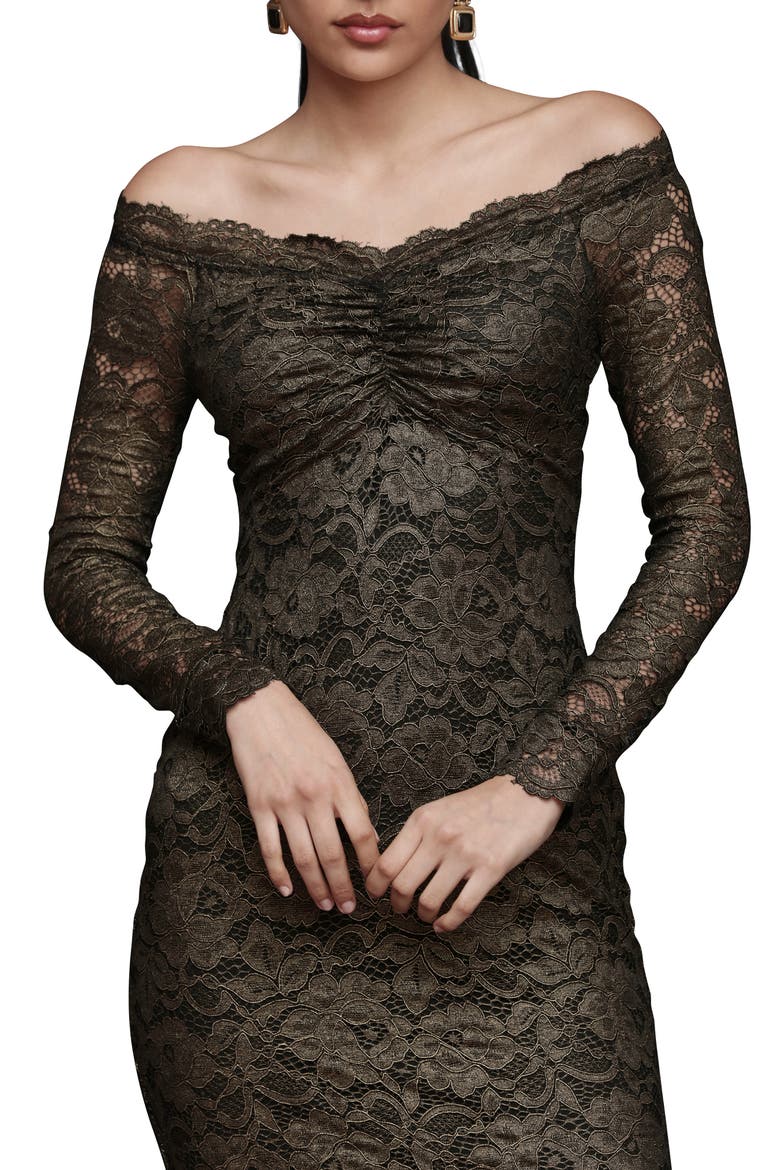 Lace Off the Shoulder Long Sleeve Midi Dress, Alternate, color, BLACK AND GOLD