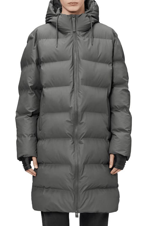 Rains Alta Waterproof Long Hooded Puffer Coat in Grey 