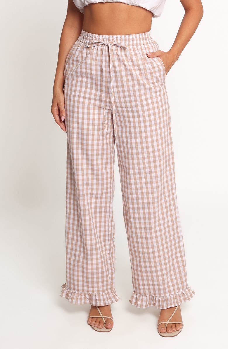 Petal & Pup Marina Gingham Ruffle Hem Cotton Pants, Main, color, Beige Gingham