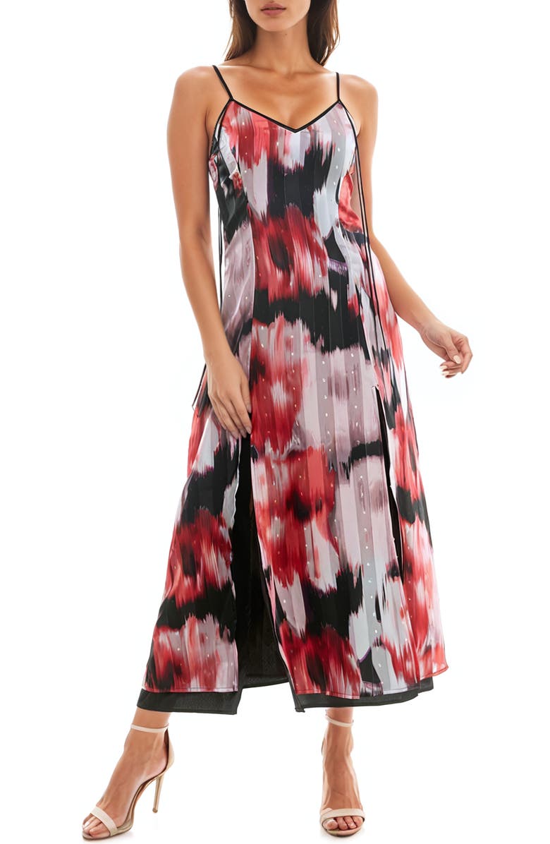 Socialite Metallic Clip Dot Chiffon Maxi Dress, Main, color, Black/ Red