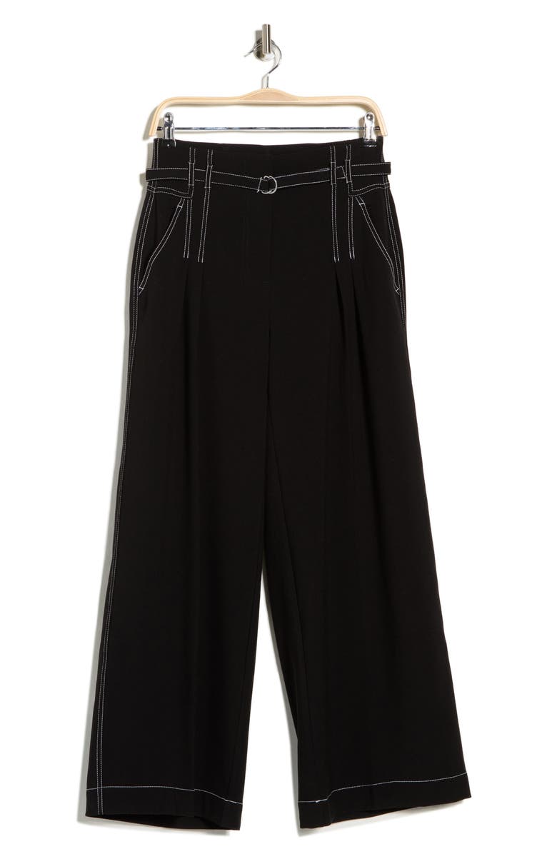 Adrianna Papell Topstitch Paperbag Pants, Alternate, color, Black/ Ivory