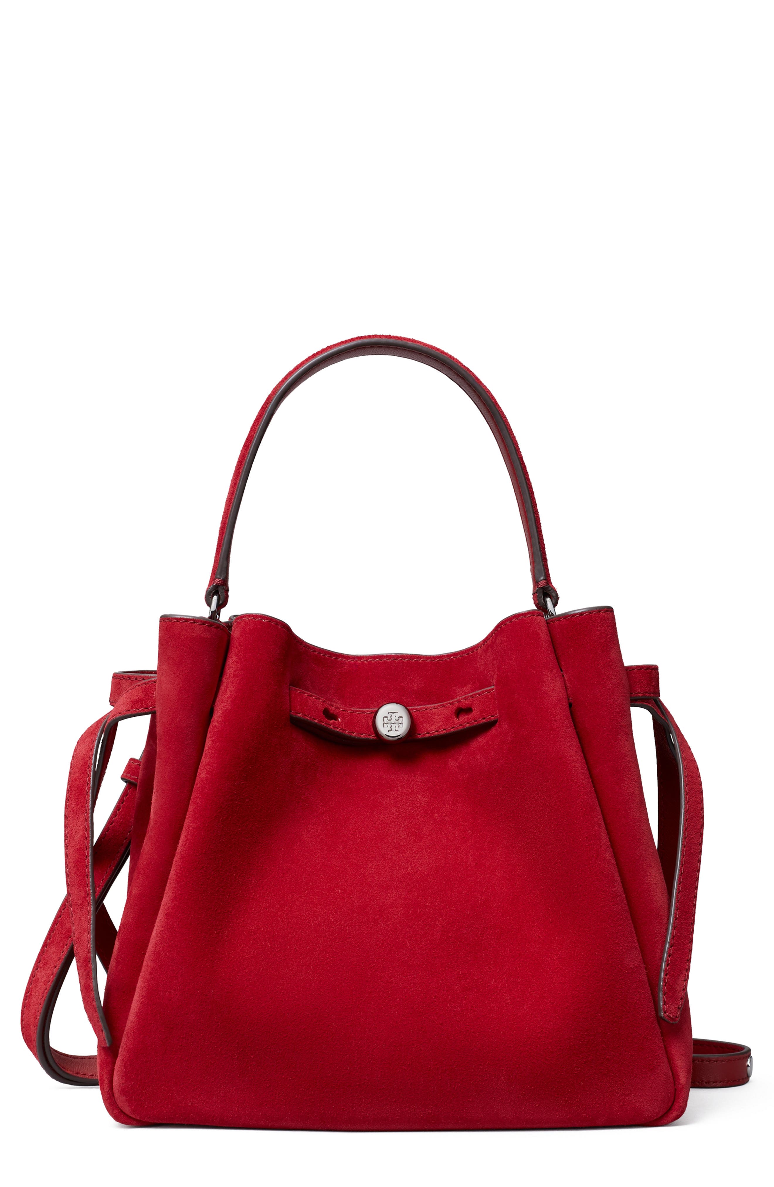 Romy Suede Bucket Bag, Main, color, TOUCAN RED