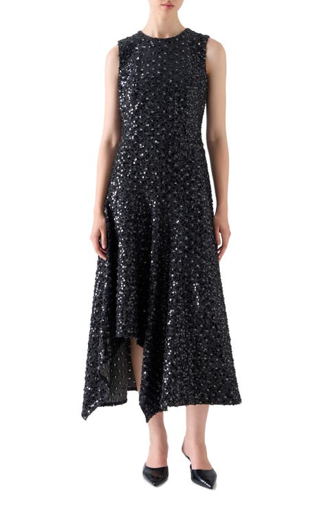 Starry Sky Sequin Handkerchief Hem Midi Dress