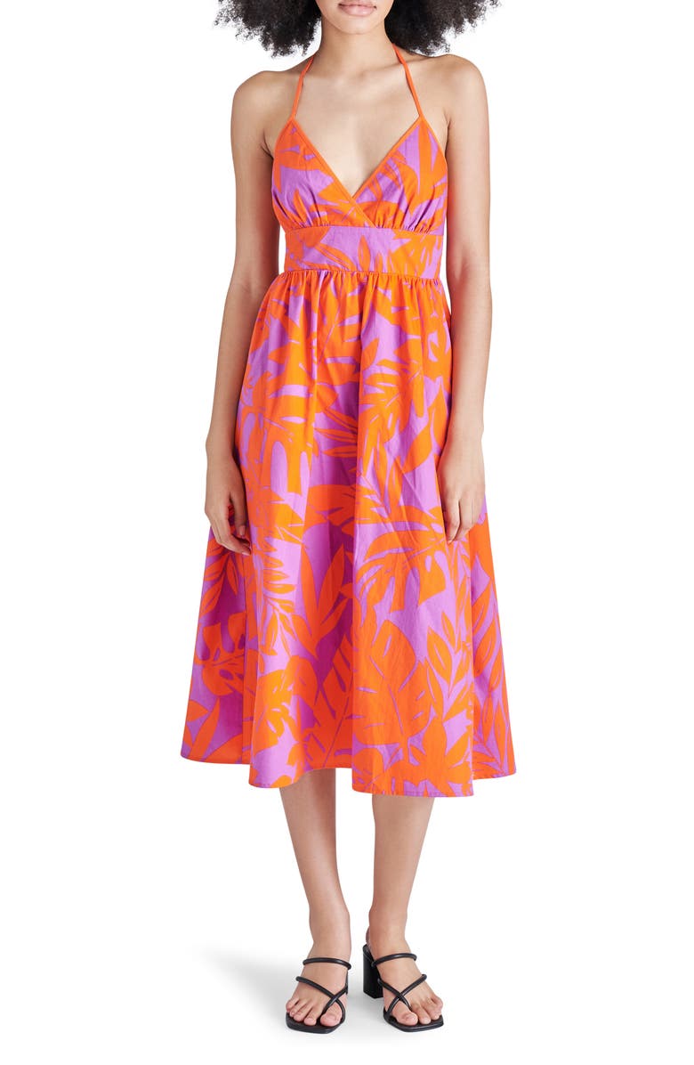 Steve Madden Denise Palm Print Halter Midi Dress, Main, color, 