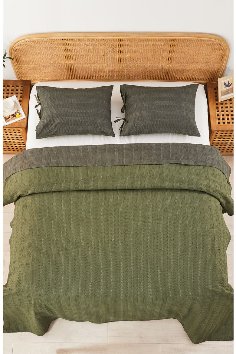 Kantha Reversible Cotton Coverlet, Alternate, color, FOREST AND OLIVE