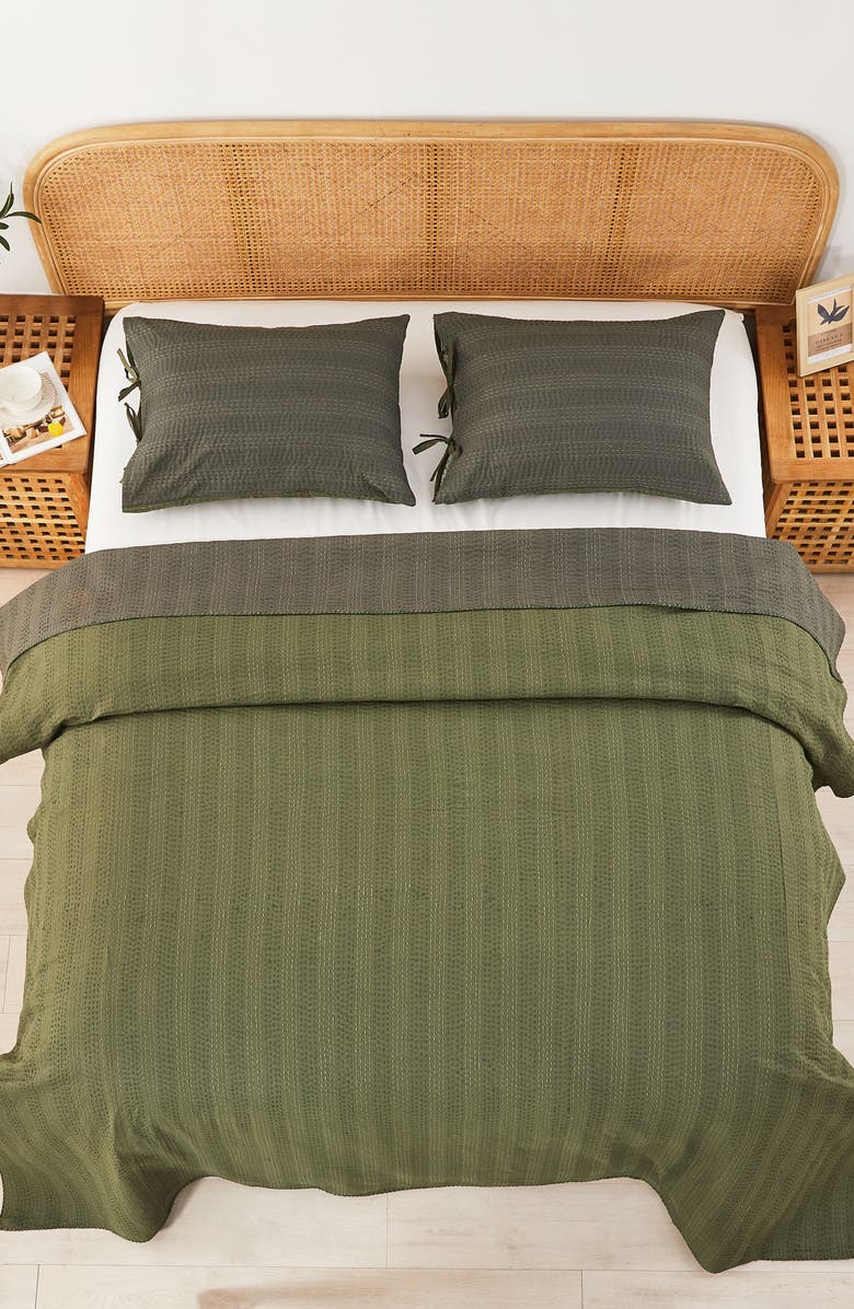 MELANGE HOME Kantha Reversible Cotton Coverlet, Alternate, color, Forest And Olive