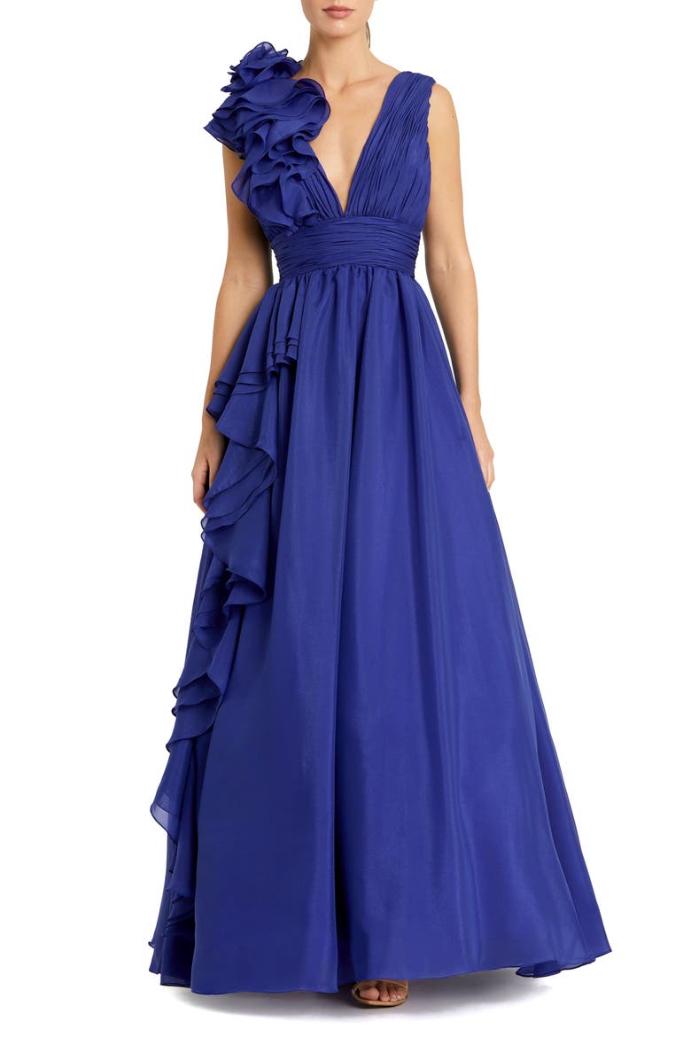 Ruffle Shoulder V-Neck Chiffon Gown, Main, color, COBALT
