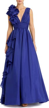 Mac Duggal Ruffle Shoulder V-Neck Chiffon Gown
