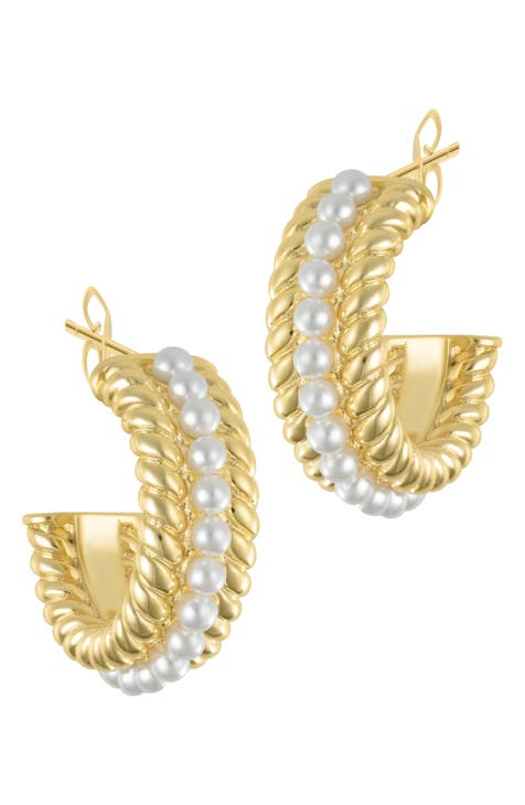 Water Resistant Imitation Pearl Cable Hoop Earrings