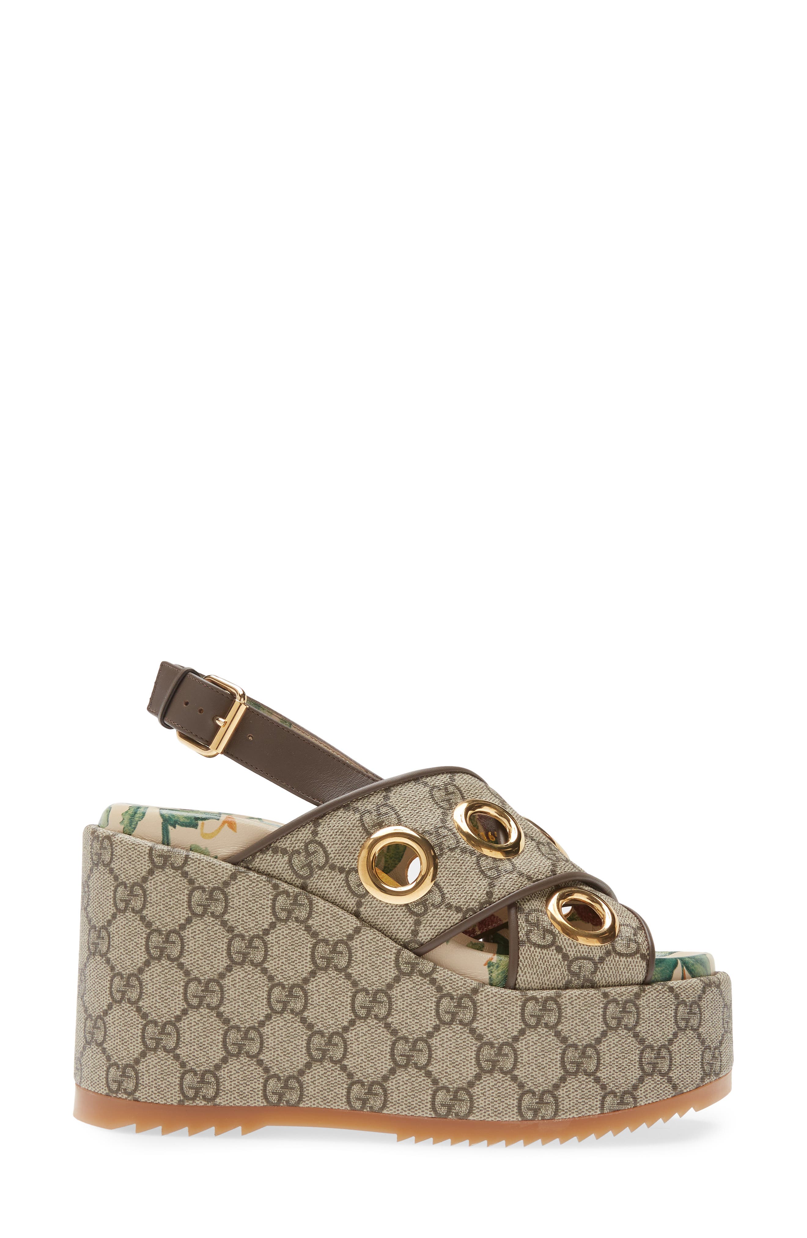 Gucci Angelina GG Logo Eyelet Platform Wedge Sandal, Alternate, color, Beige-Ebony