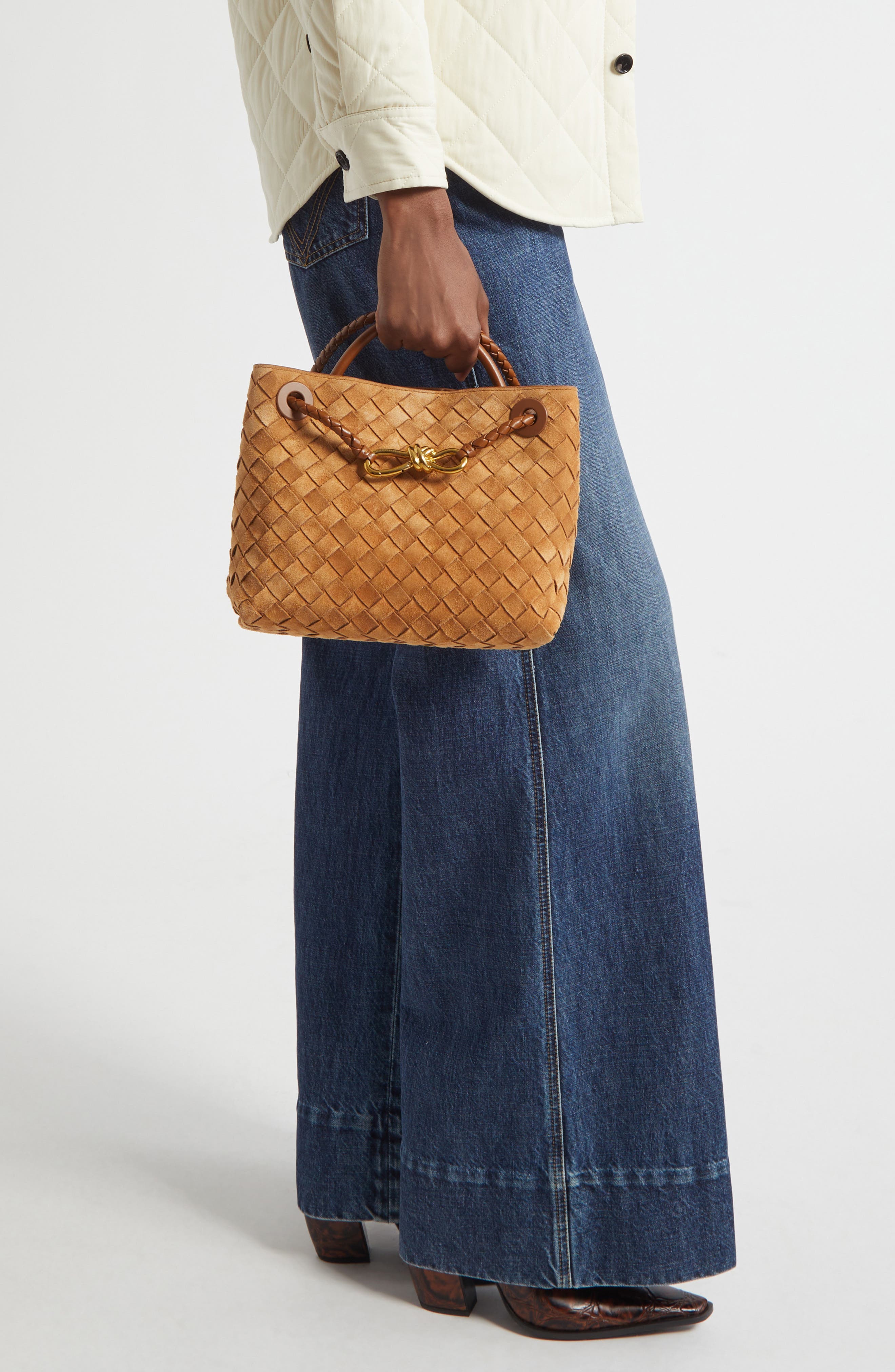 Bottega Veneta Small Andiamo Intrecciato Suede Shoulder Bag, Alternate, color, Amber