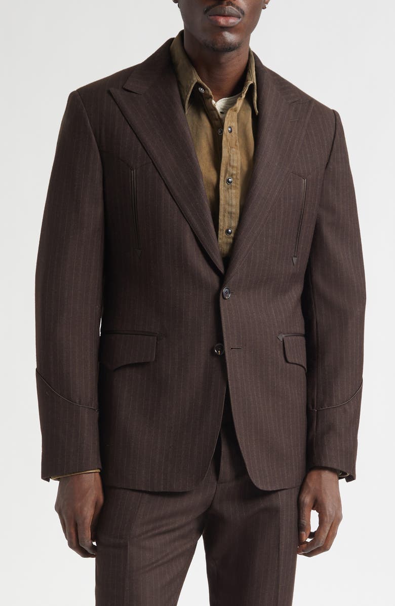 Double RL Pinstripe Wool Flannel Western Tuxedo Jacket, Main, color, Brown Charcoal