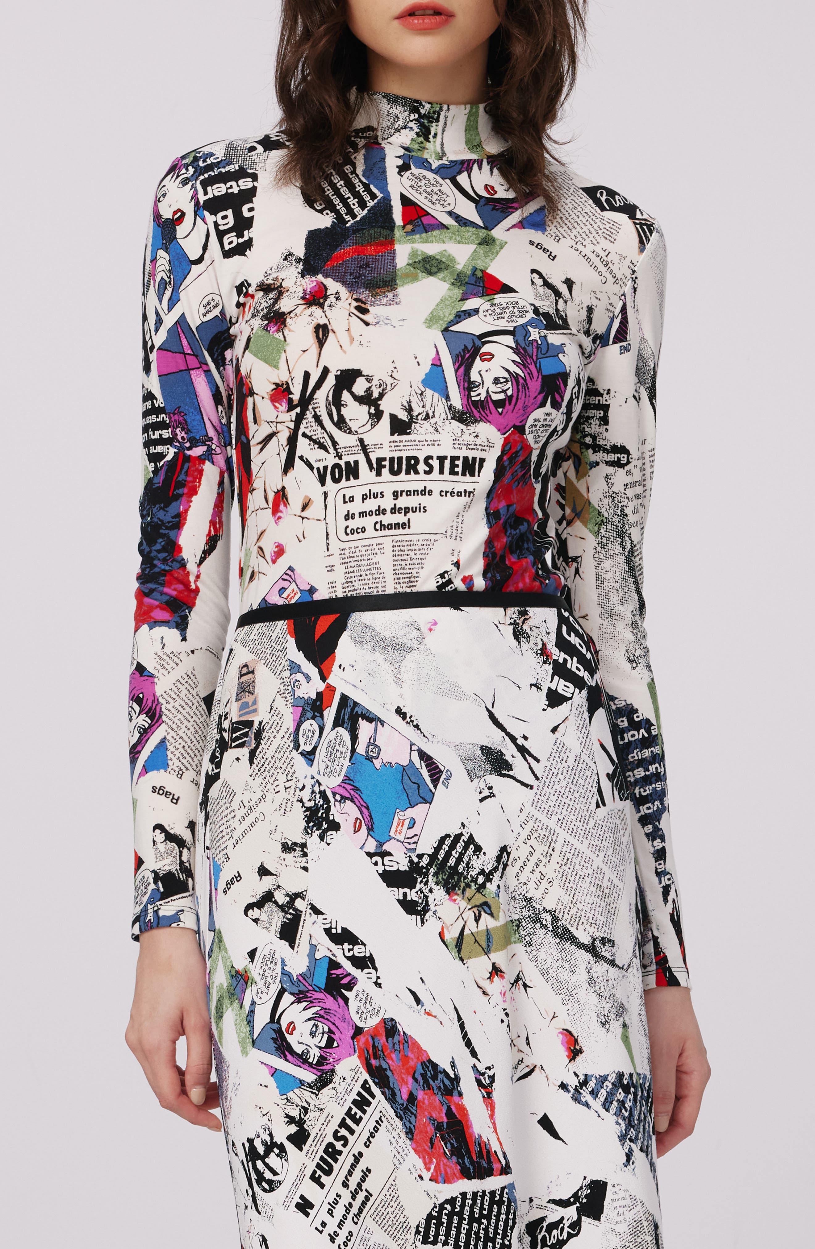 Doha Pop Art Newspaper Print Mock Neck Top