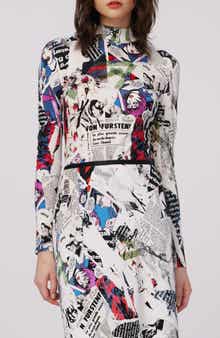Doha Pop Art Newspaper Print Mock Neck Top