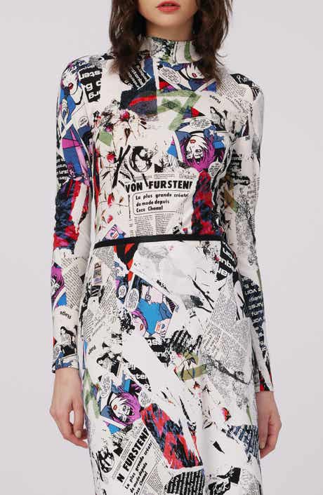 Doha Pop Art Newspaper Print Mock Neck Top