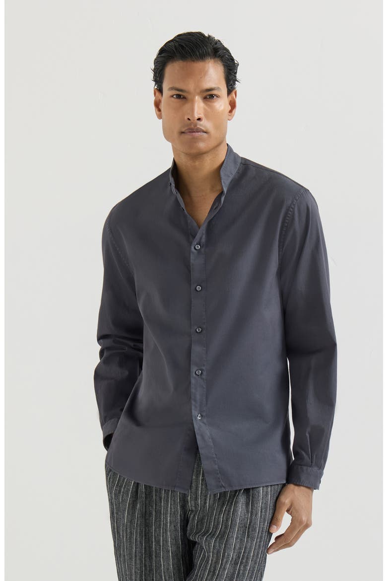 Garment-dyed shirt in cotton twill with Mandarin collar, Main, color, Anthracite