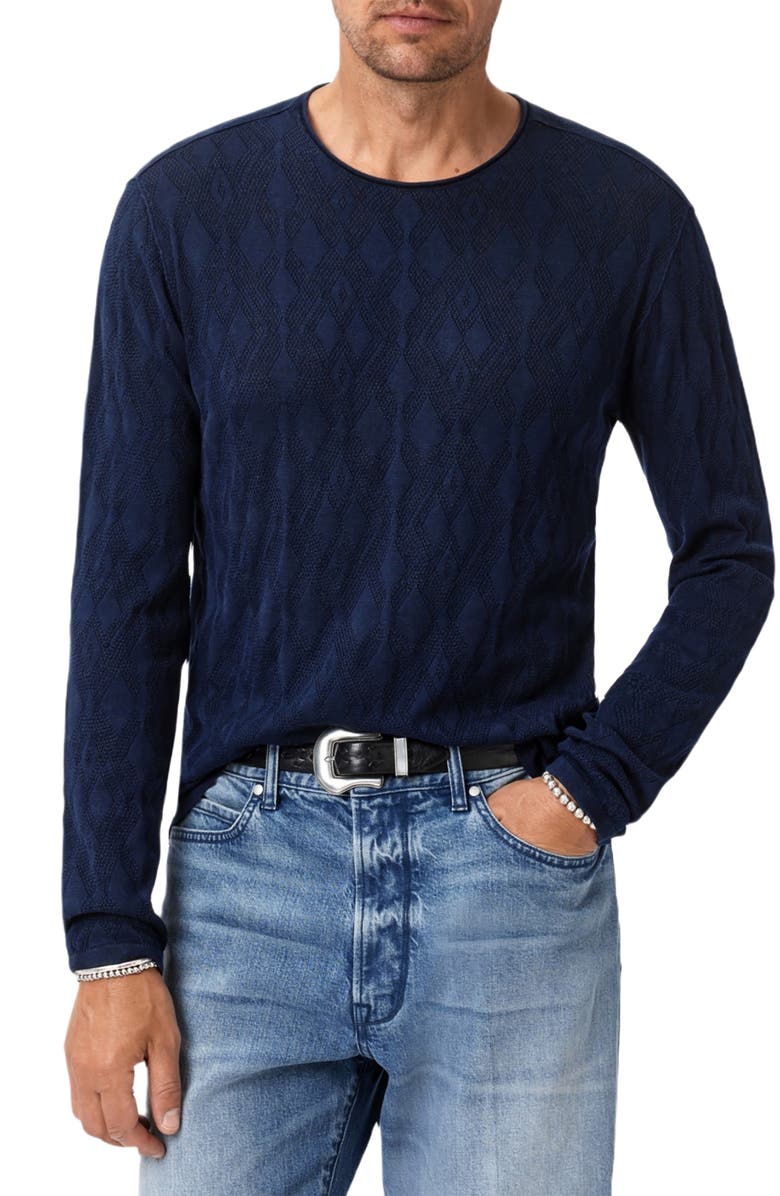 John Varvatos Brycen Broken Argyle Organic Cotton Sweater, Alternate, color, Navy