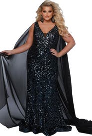 Johnathan Kayne for Sydney's Closet Long Fitted Plus Size Sequin Velvet Formal Gown