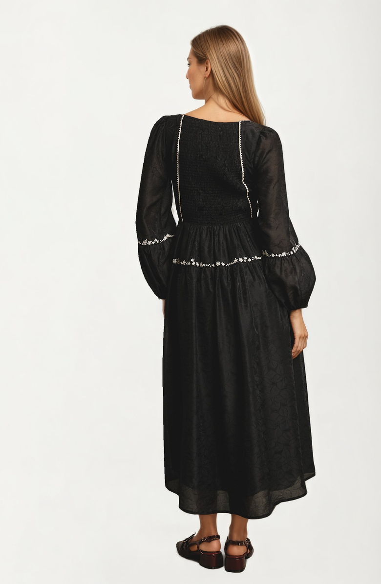 Knit and Lounge Long Sleeve Lace-Up Embroidered Maxi Dress, Alternate, color, Black