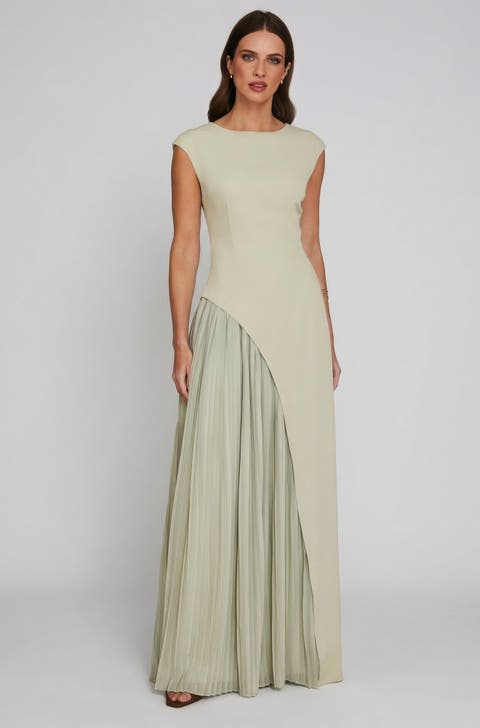 Pleated Skirt Cap Sleeve Maxi Dress