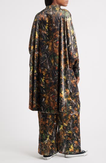 Camo Leaf Print Oversize Satin Button-Up Shirt & Pants Set