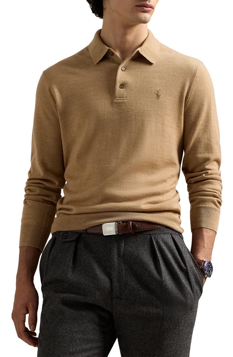Polo Ralph Lauren Long Sleeve Wool Polo Sweater, Main, color, Camel Melange