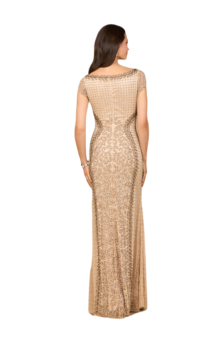 LARA New York Beaded Mermaid Cap Sleeve Gown, Alternate, color, Nude