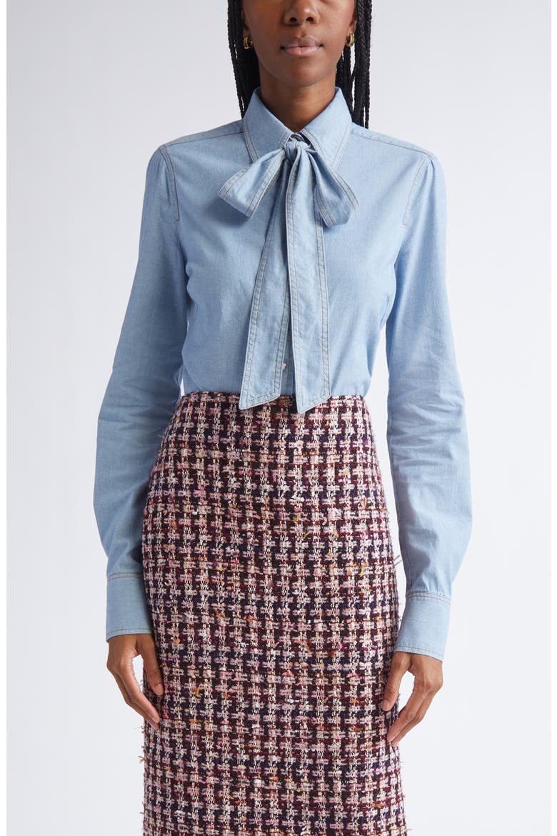 Tie Neck Chambray Shirt, Main, color, LIGHT DENIM WASH