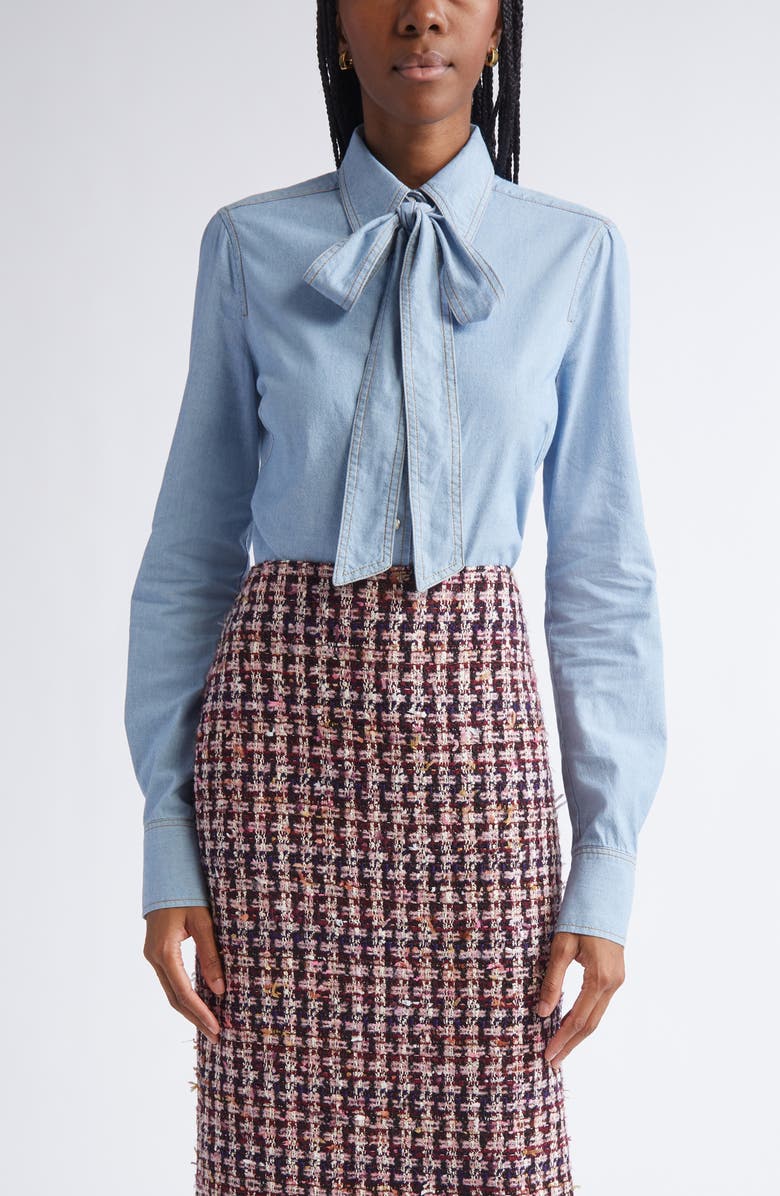 ST. JOHN Tie Neck Chambray Shirt, Main, color, Light Denim Wash