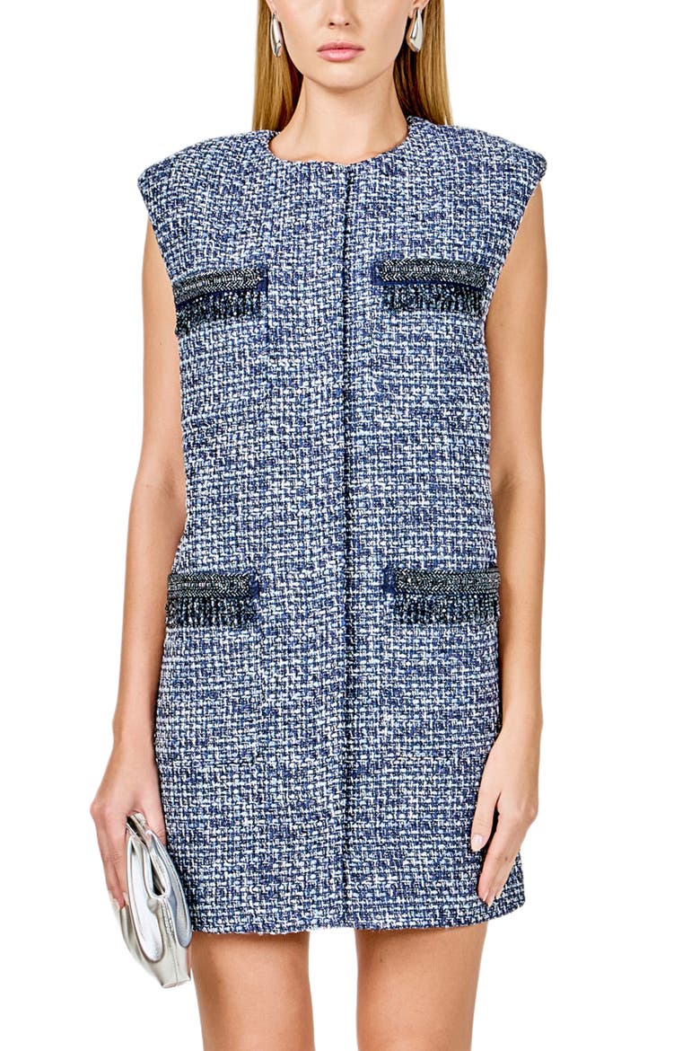Metallic Tweed Sleeveless Minidress, Alternate, color, BLUE