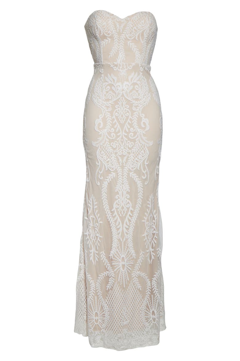 You Belong With Me Strapless Embroidered Mesh Evening Gown, Alternate, color, WHITE/ NUDE
