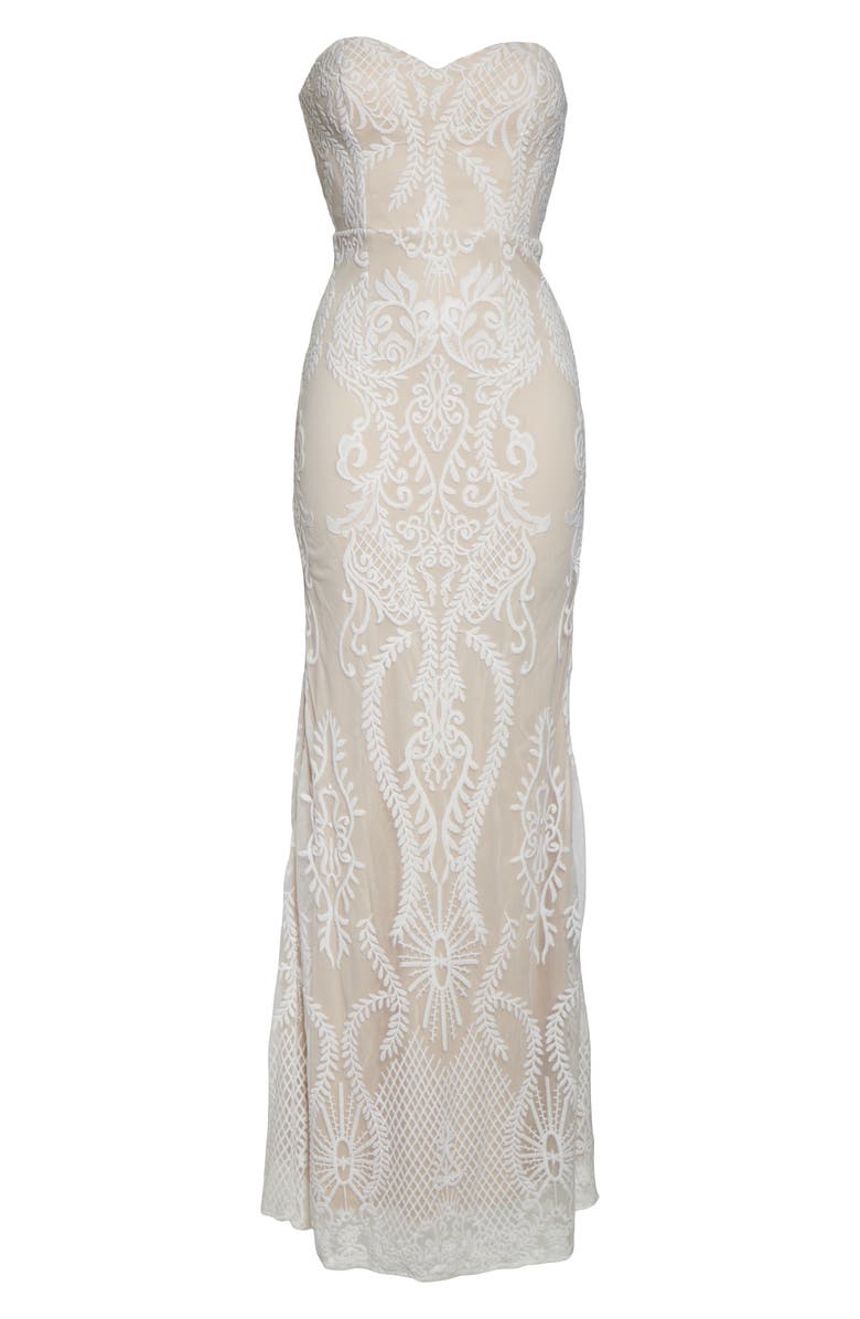 Lulus You Belong With Me Strapless Embroidered Mesh Evening Gown, Alternate, color,